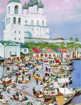 near the pskov s cathederal 1917 Konstantin Yuon cityscape city scenes Oil Paintings